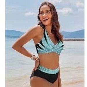 AiMage Blue Black Abstract Wave Bikini Set High Waist Tummy Control Small NEW